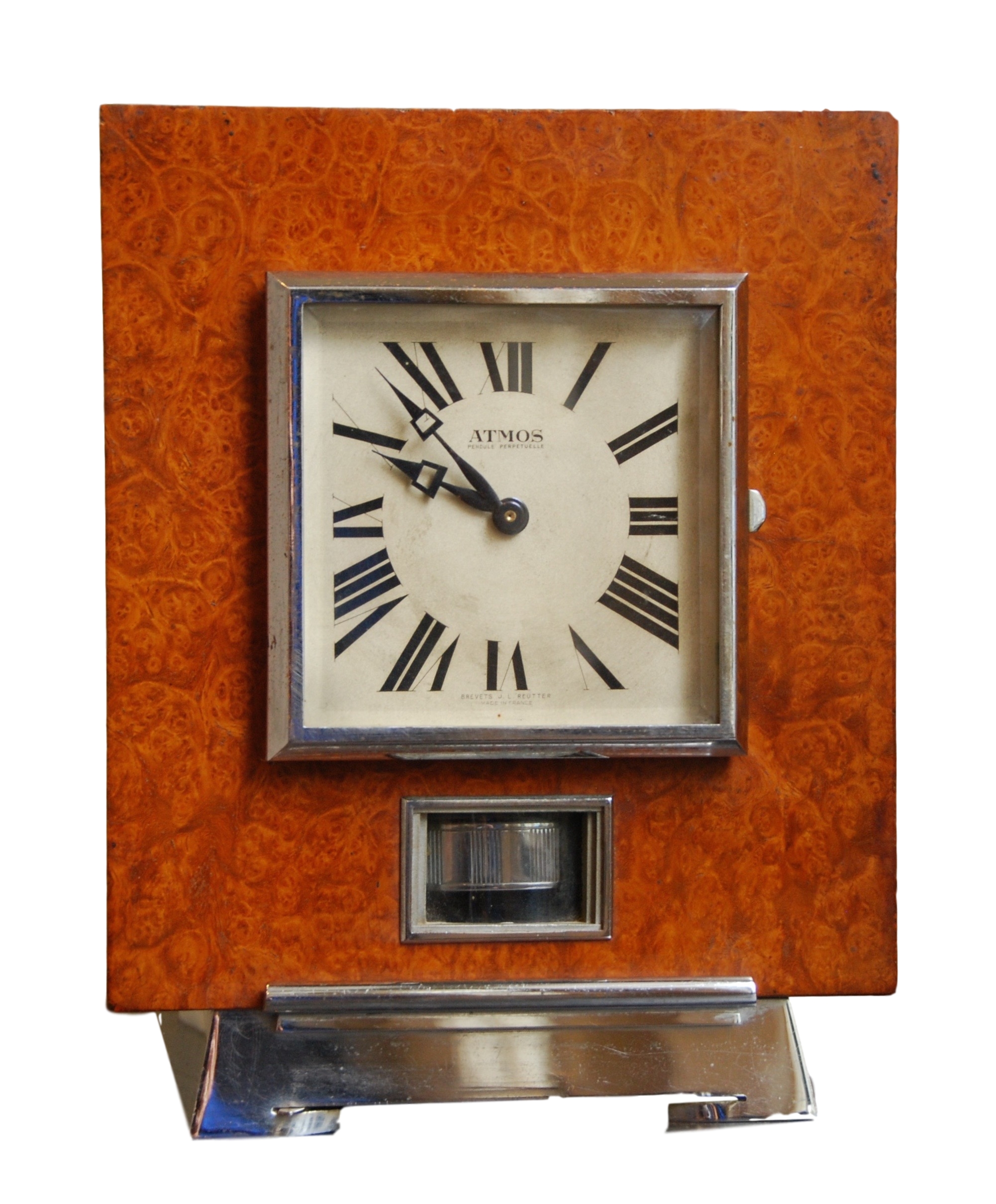 Atmos clock, Amboina wood, J.L. Reutter, nr 919, France circa 1930.